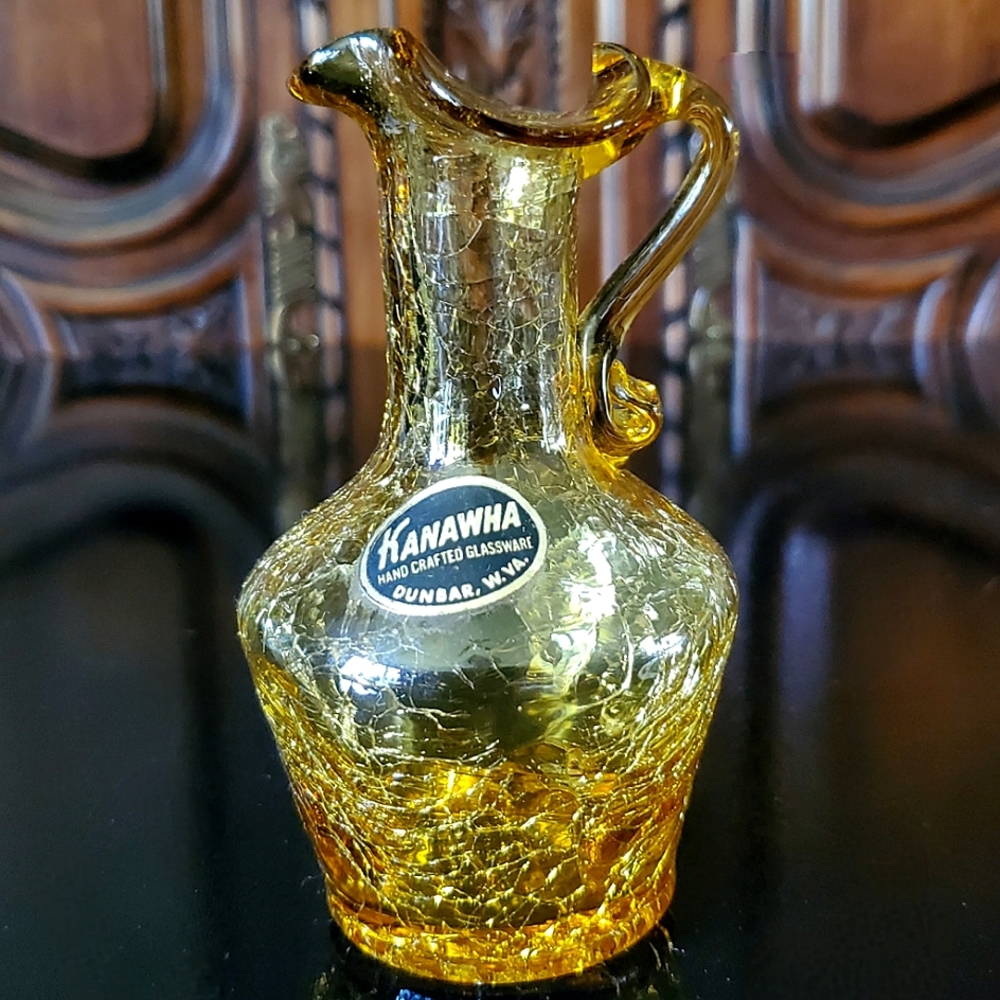 Vntg💛Kanawha💛 5" Golden Yellow Amber Crackle Glass Pitcher Bud Vase Eye Candy